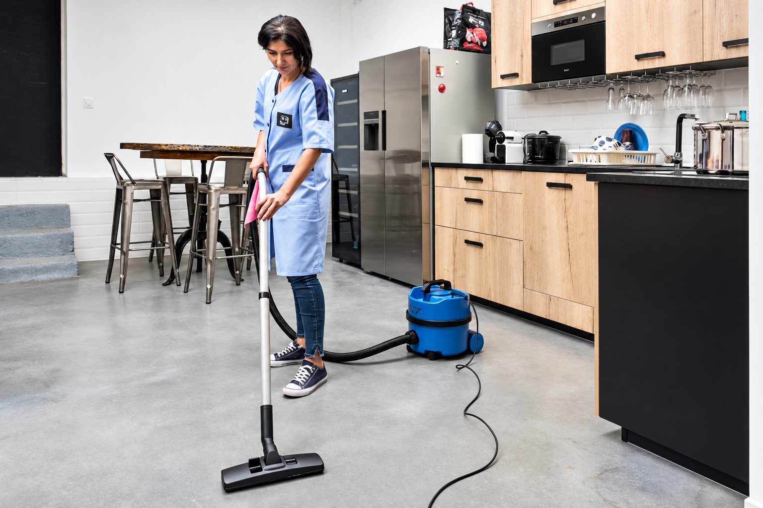 Une agente d'entretien en blouse bleue passe l'aspirateur sur le sol en béton ciré d'une cuisine ouverte avec meubles en bois clair et table haute.