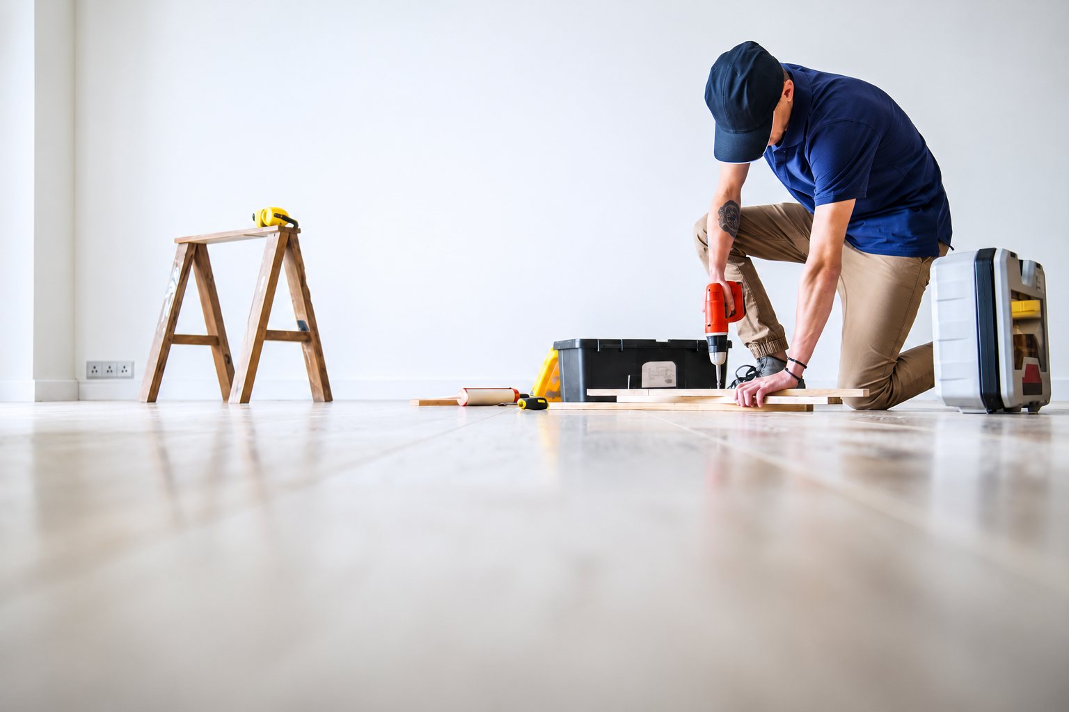 Un artisan en polo bleu et casquette est agenouillé sur un parquet clair et utilise une perceuse sur une planche, entouré de tréteaux et de caisses à outils.