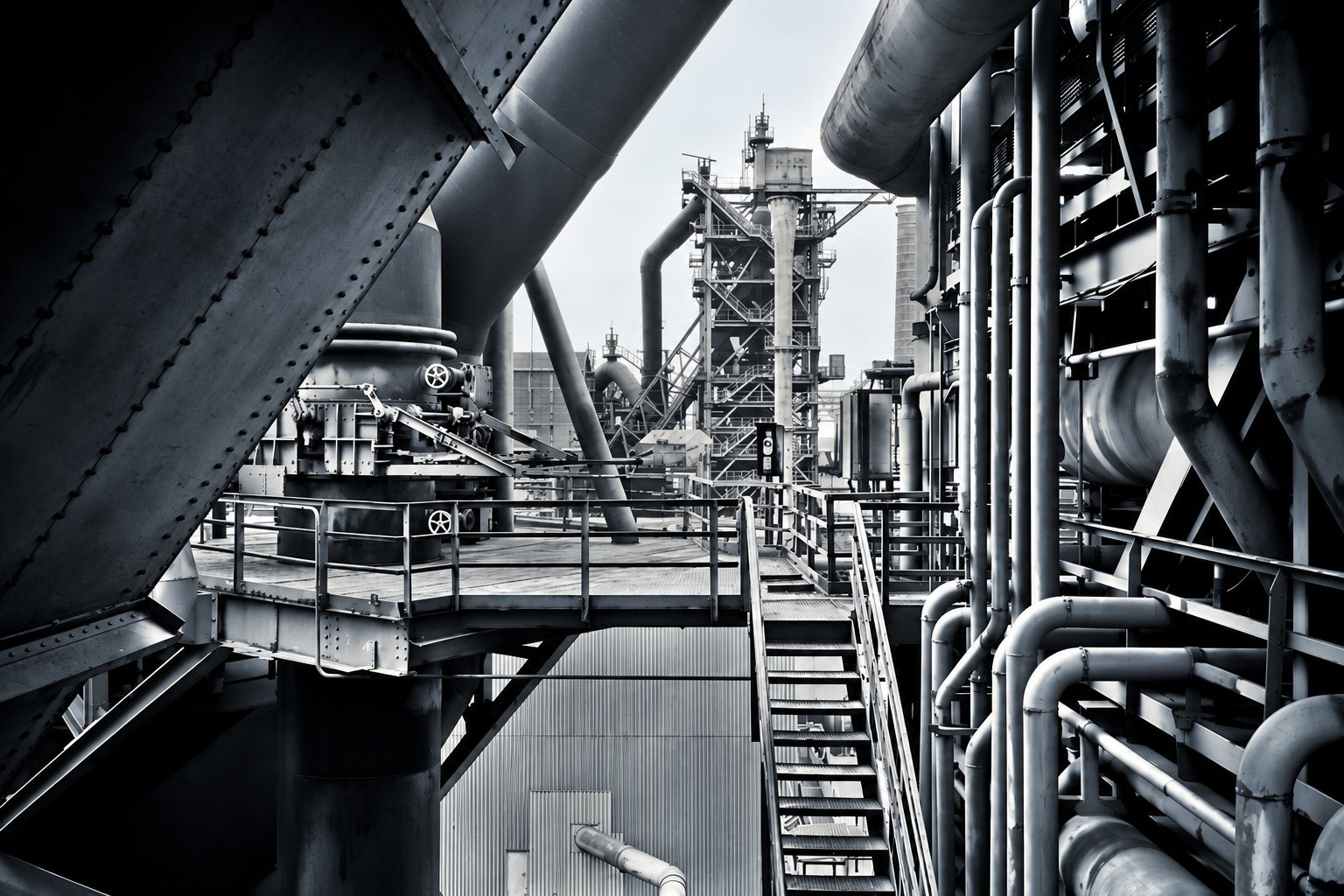 Photographie en noir et blanc d'un site industriel avec de grosses canalisations, une passerelle métallique, un escalier et une tour en structure d'acier au fond.
