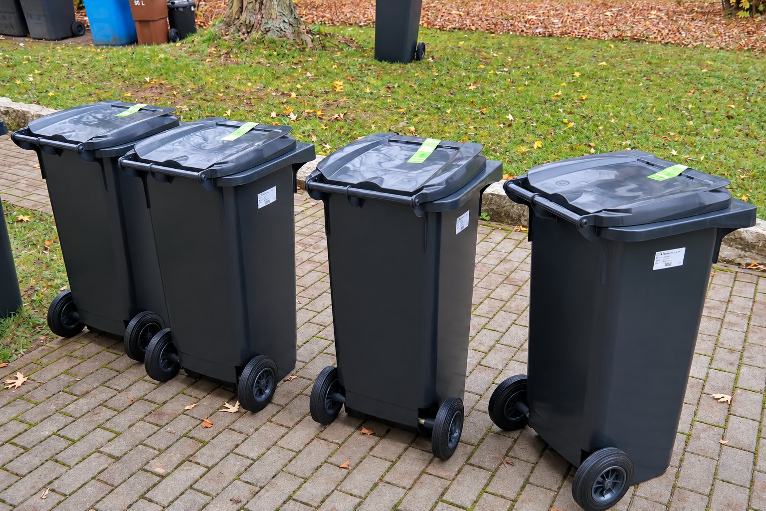 Quatre grandes poubelles grises à roulettes avec des autocollants verts sur les couvercles, alignées sur un sol pavé devant une pelouse.