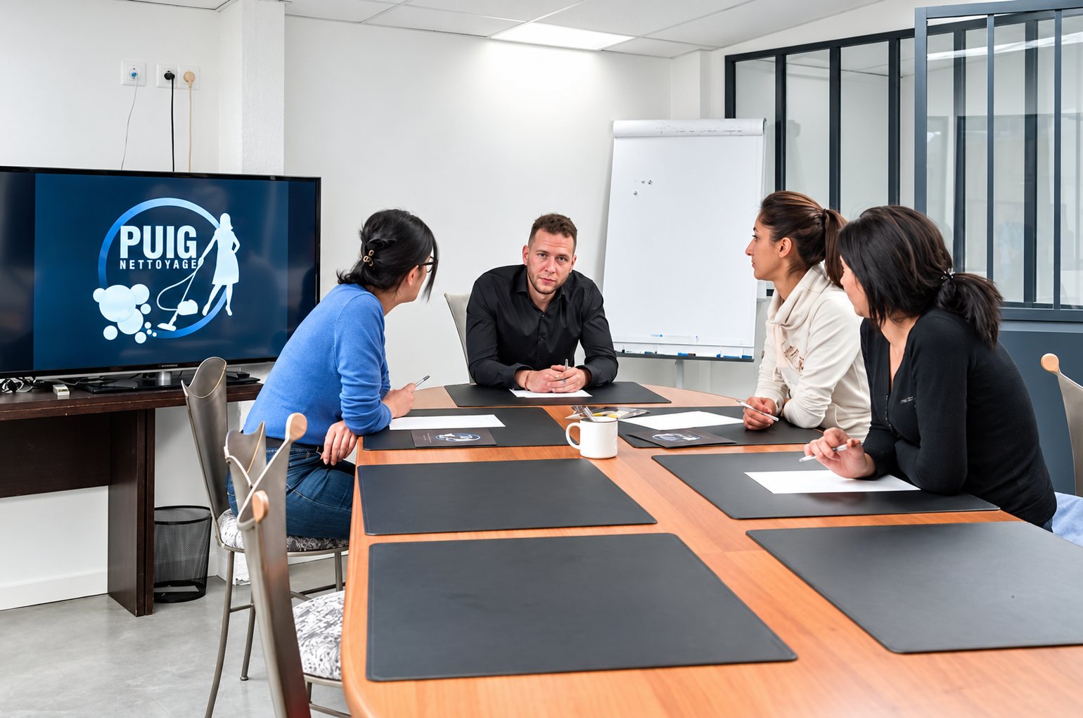 Quatre personnes sont assises autour d'une table de réunion en bois devant un écran affichant le logo Puig Nettoyage.