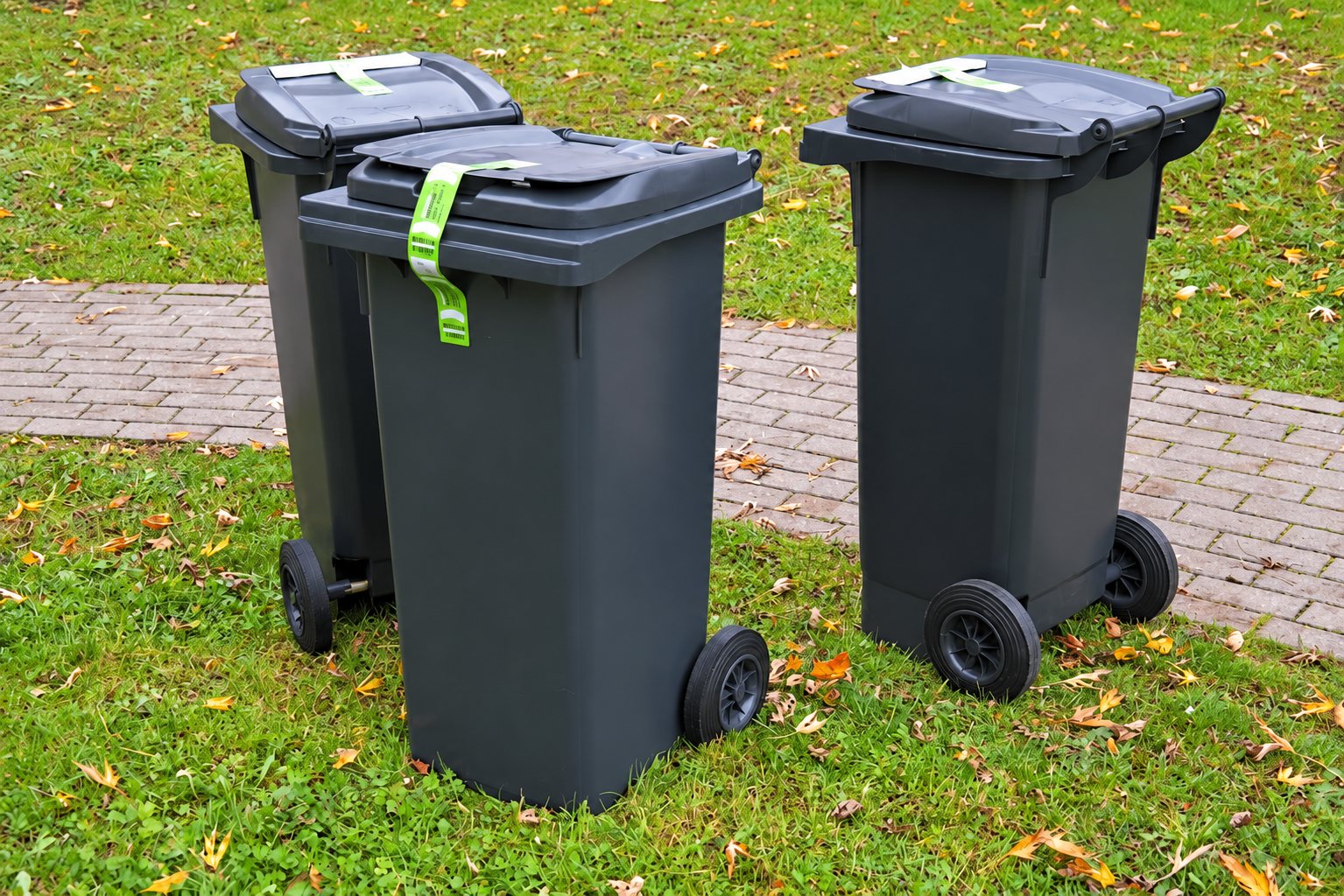 Trois bacs à ordures gris foncé avec des rubans verts sur leurs couvercles, posés sur l'herbe et un chemin pavé parsemés de feuilles mortes.